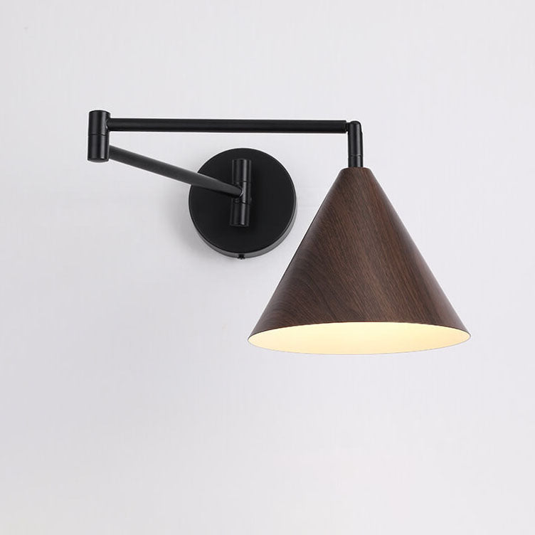 Nordic Minimalist Cone Swing Arm Wall Sconce Lamp - Wood Grain Iron Finish, 1-Light