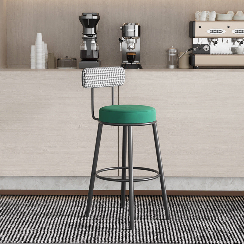 Sleek Contemporary Nordic Round Bar Stool Upholstered in Cotton-Linen Fabric with Backrest and Footrest for Dining Room