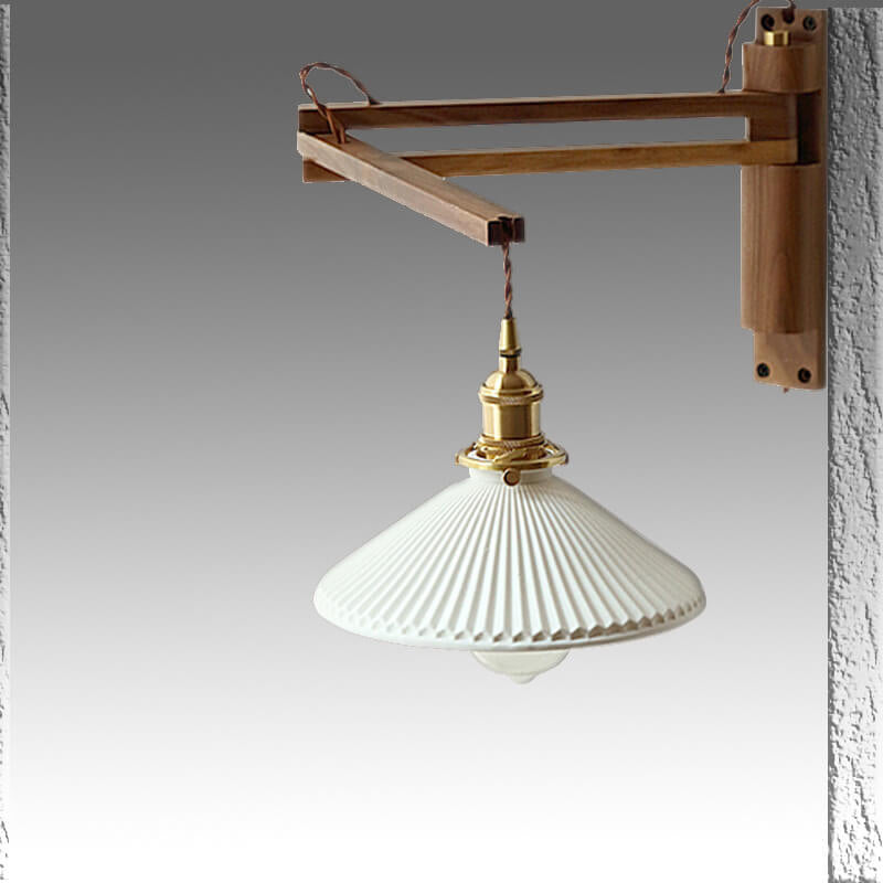 Nordic Milk-White Striped Glass and Walnut 1-Light Wall Sconce with Retractable Arm