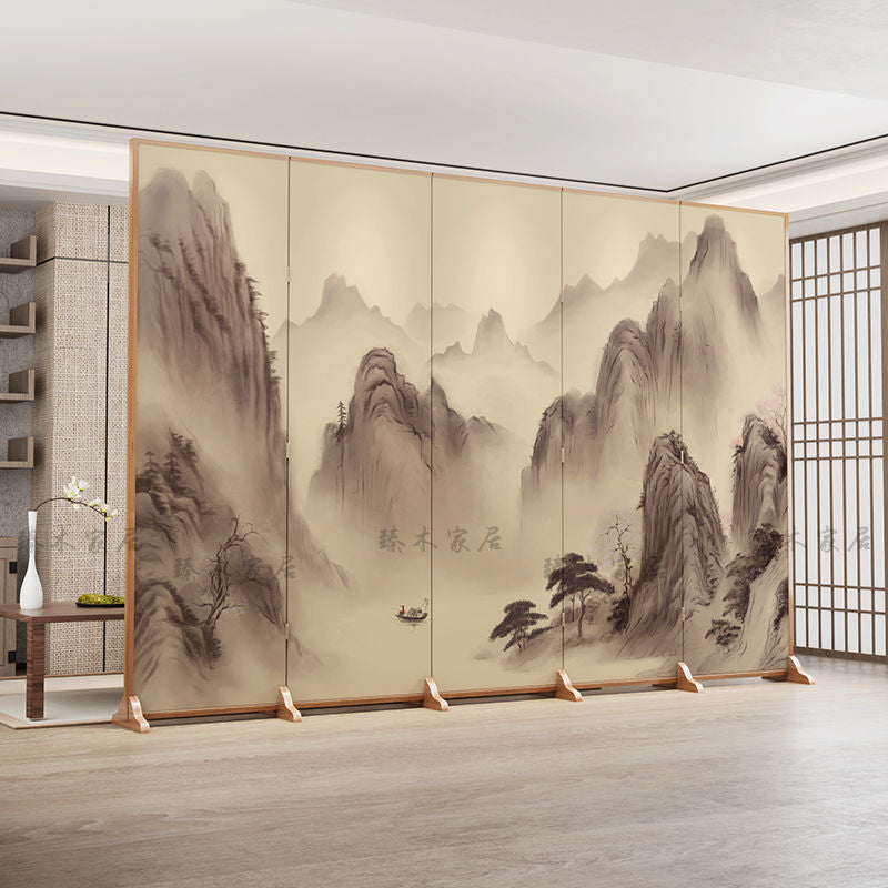 Traditional Chinese-Style Rectangular Fir Wood Room Divider - Solid Wood, Plywood, and Cotton Canvas for Living Room