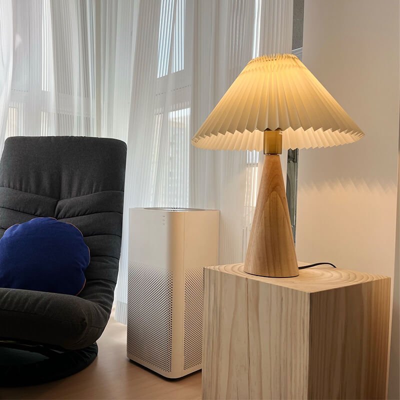 Japanese Minimalist Vintage Pleated Wood and Fabric LED Table Lamp