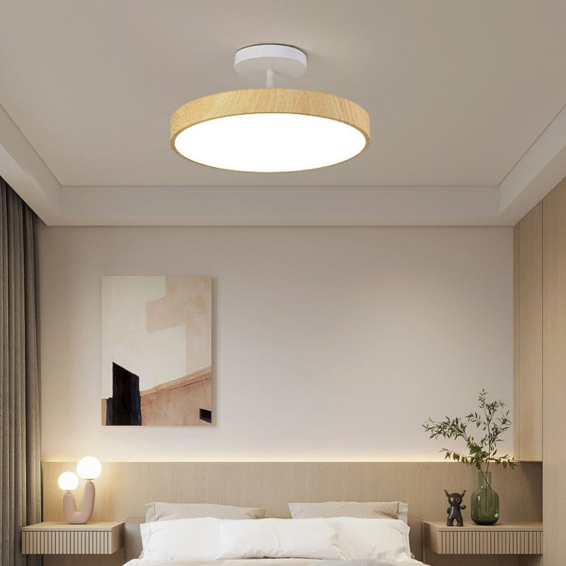 Elegant Japanese Wabi-Sabi Minimalist Wood-Grain Round LED Semi-Flush Mount Ceiling Light