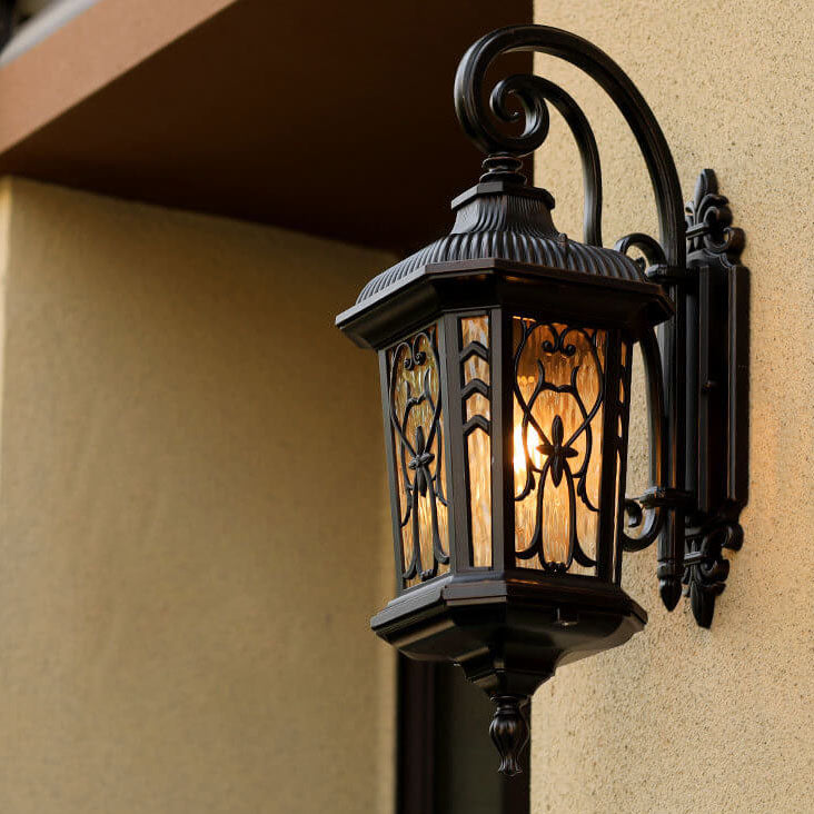 European Outdoor Wall Sconce Lamp – Carved Cage, Aluminum & Glass, 1-Light