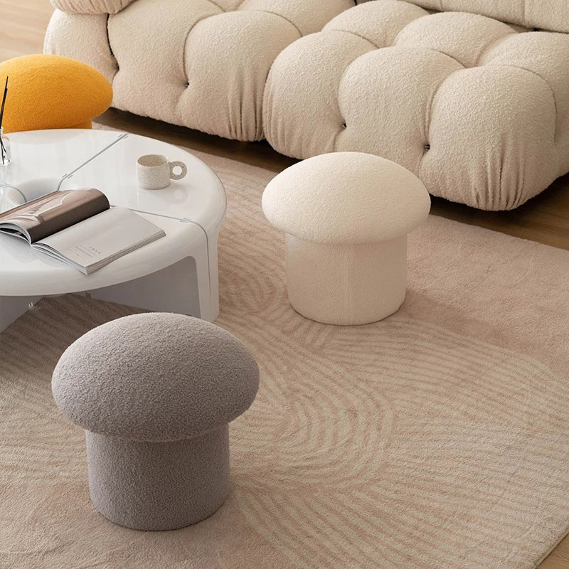 Modern Minimalist Mushroom-Cylinder Vanity Stool with Lambswool Upholstery and Wood Base for Bedroom