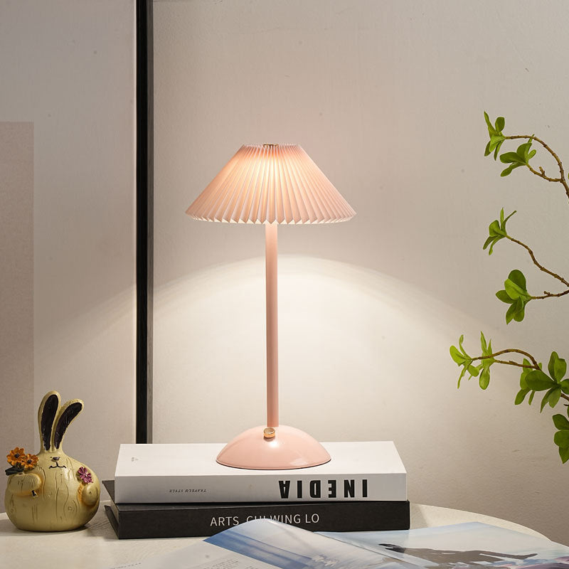 Modern Scandinavian Rechargeable Table Lamp – Iron Frame, Pleated Conical Fabric Shade, 1-Light, Perfect for Bedside