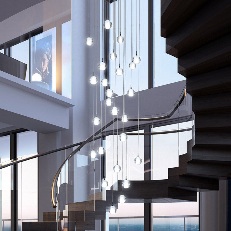 Luxurious Crystal Orb Staircase Chandelier with LED Ball Shade - Modern Loft Lighting