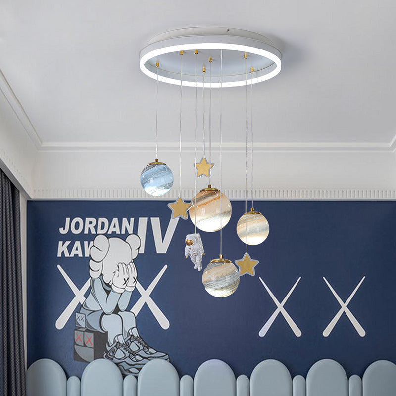 Modern Scandinavian Space Planet LED Kids Flush Mount Ceiling Light with Round Acrylic Glass Shade – Ideal for Bedroom