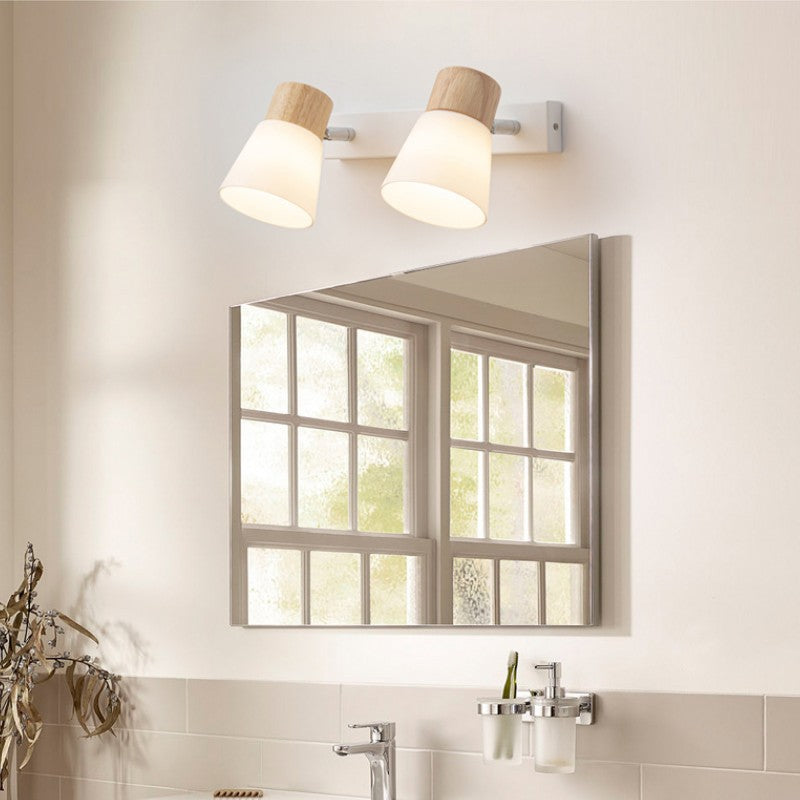 Modern Minimalist Horn-Accented Vanity Wall Sconce Lamp - Rubber Wood, Iron & Glass, One-Light