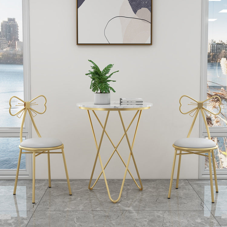 Contemporary Bow-Shape Velvet Upholstered Round Vanity Stool with Backrest - PU Leather & Metal Frame for Bedroom