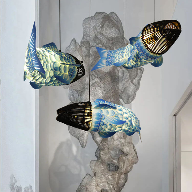 Traditional Chinese Koi Fish Iron Chandelier with PVC Fabric Shade – 2- or 4-Light Dining Room Pendant