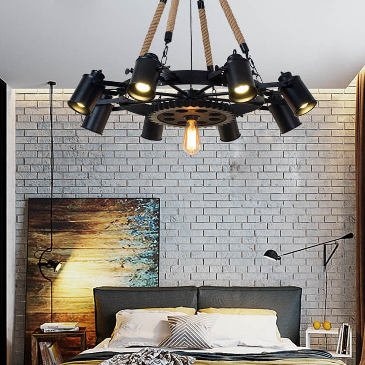 Industrial Retro Gear Wrought Iron Hemp Rope Chandelier - 6/8/10-Light