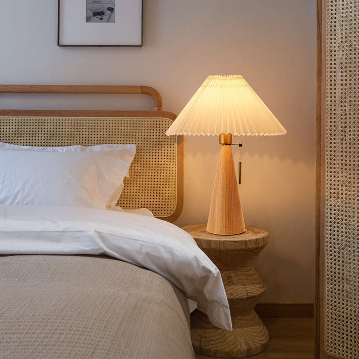 Japanese Minimalist Vintage Pleated Wood and Fabric LED Table Lamp