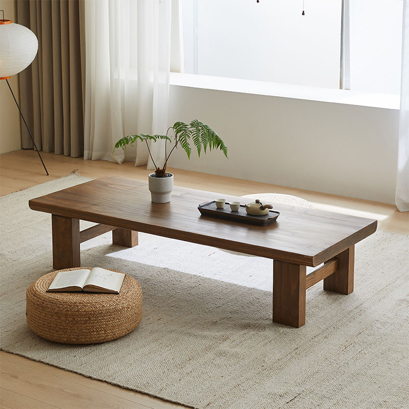 Traditional Japanese Rectangular Solid Wood Coffee Table with Four Sturdy Legs for the Living Room
