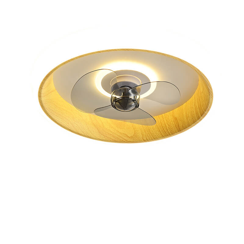 Nordic Minimalist Round LED Flush-Mount Ceiling Fan Light with Wood-Grain Acrylic Finish