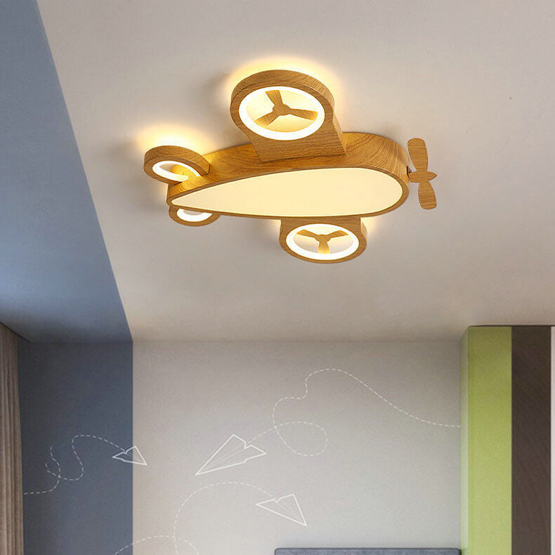 Whimsical Cartoon Aircraft LED Kids' Ceiling Light with Wood Grain Finish β Flush Mount
