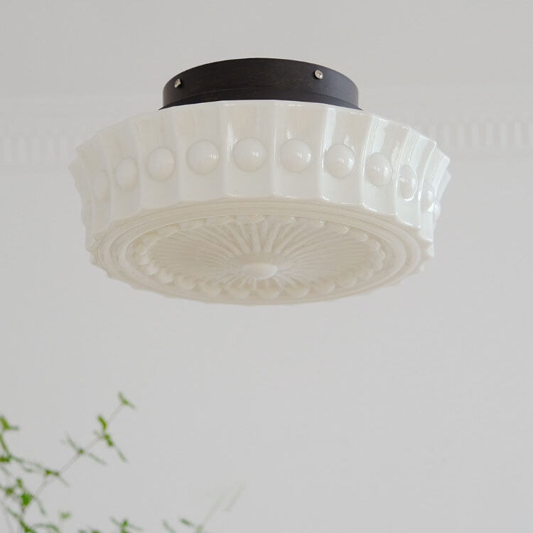 French Vintage White Jade Glass Striped Round Drum LED Semi-Flush Ceiling Light