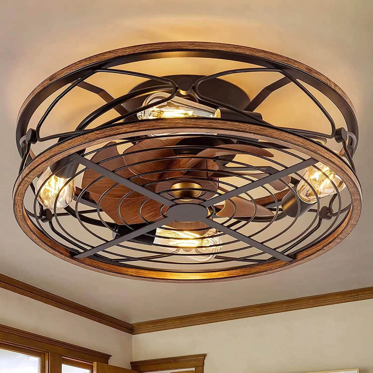 Nordic Industrial Wrought Iron Cylinder 4-Light Flush-Mount Ceiling Light with Hidden Fan