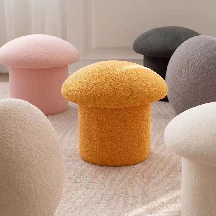 Modern Minimalist Mushroom-Cylinder Vanity Stool with Lambswool Upholstery and Wood Base for Bedroom