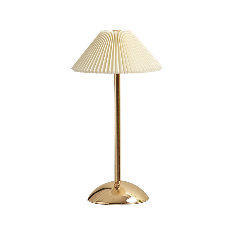 Modern Scandinavian Rechargeable Table Lamp – Iron Frame, Pleated Conical Fabric Shade, 1-Light, Perfect for Bedside
