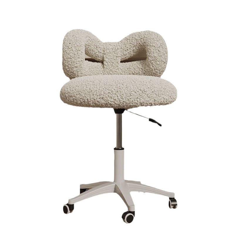 Modern Art Deco Butterfly Knot Vanity Stool – Round Lambswool and Faux Leather Seat, Metal Frame, Backrest, Armless, for Bedroom
