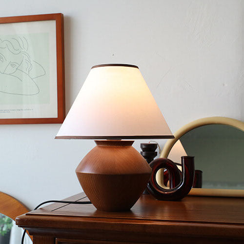 Japanese Wabi-Sabi Vintage Solid Wood Table Lamp with Fabric Shade, 1-Light