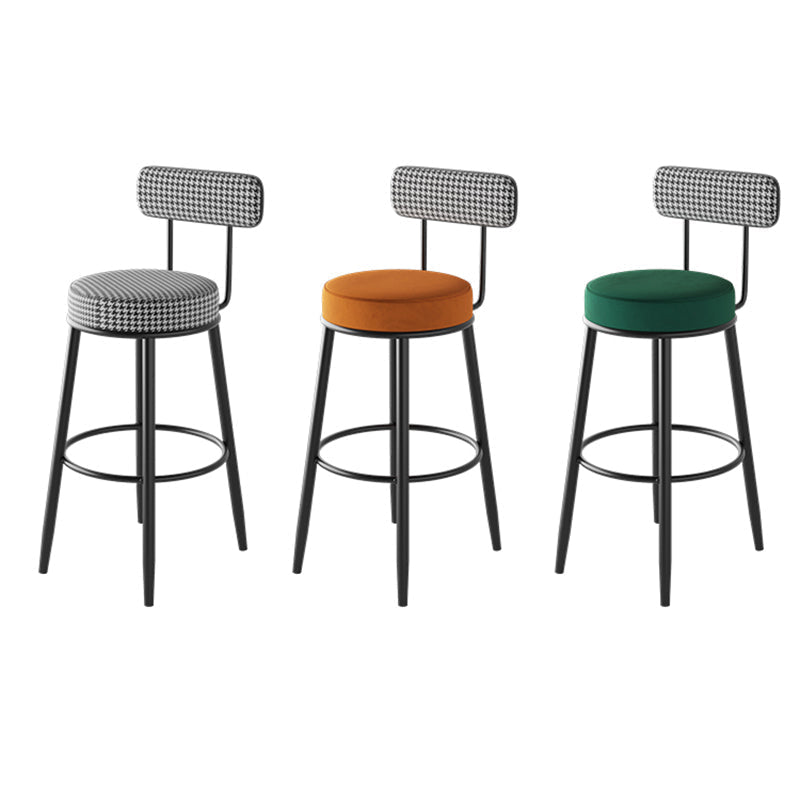 Sleek Contemporary Nordic Round Bar Stool Upholstered in Cotton-Linen Fabric with Backrest and Footrest for Dining Room
