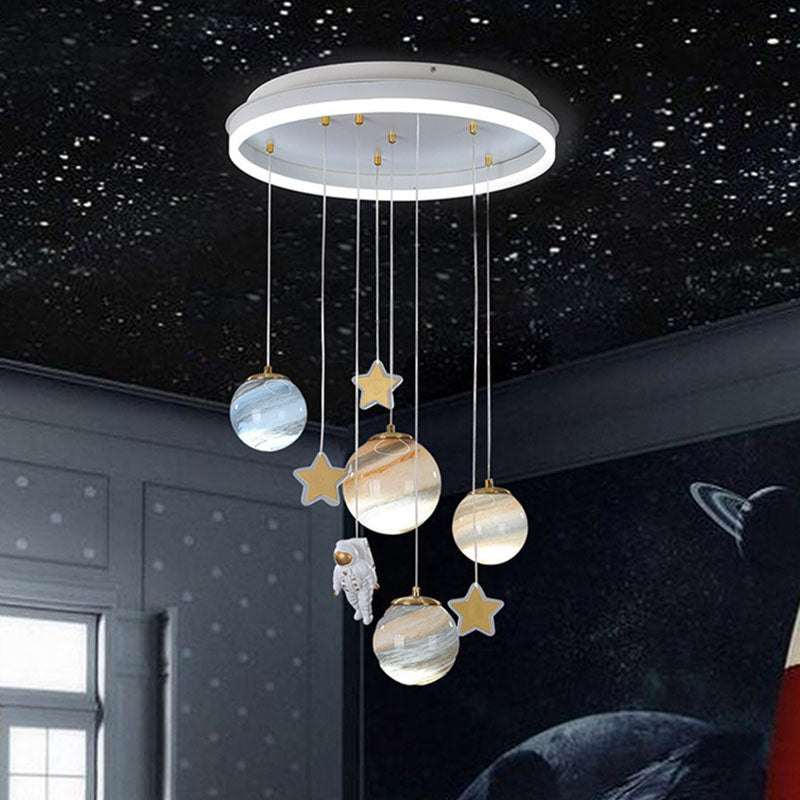Modern Scandinavian Space Planet LED Kids Flush Mount Ceiling Light with Round Acrylic Glass Shade – Ideal for Bedroom