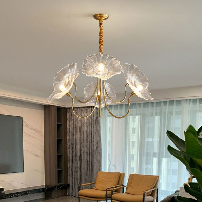 Elegant Modern Art Deco Gold-Finish Frame with Lotus Leaf Glass Shade, 3/6-Light Living Room Chandelier