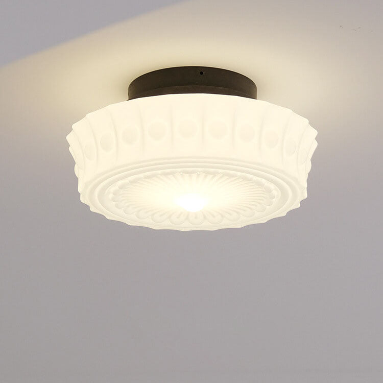 French Vintage White Jade Glass Striped Round Drum LED Semi-Flush Ceiling Light