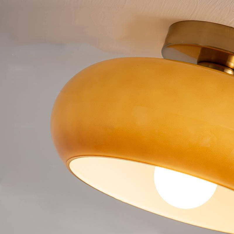 Modern Retro Round Solid-Color Glass Pendant Light with Electroplated Copper Finish — 1-Light, Pendant or Flush Mount