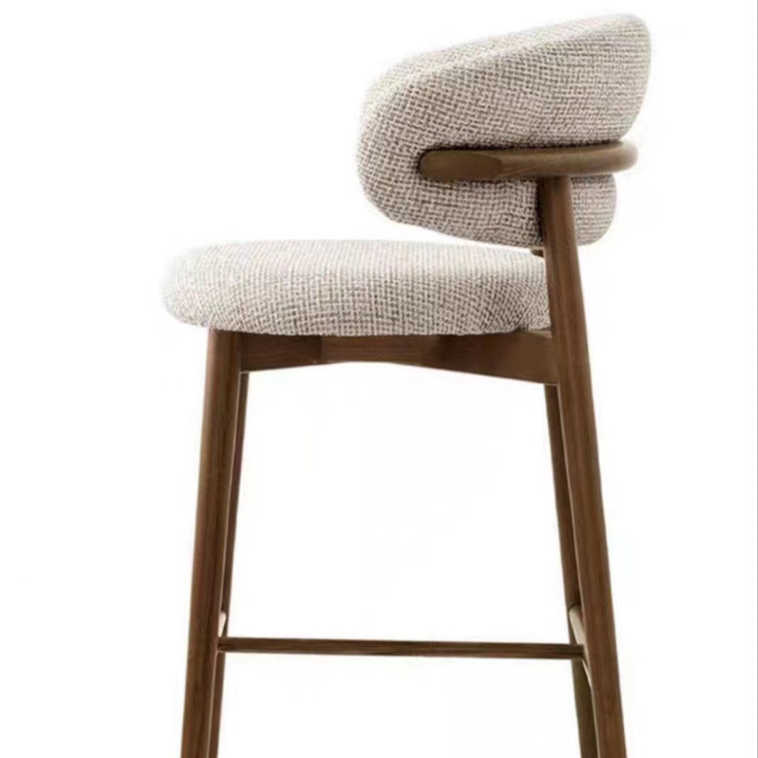 Modern Nordic Round Fabric Bar Stool with Wood Frame, Backrest and Footrest for Dining Room