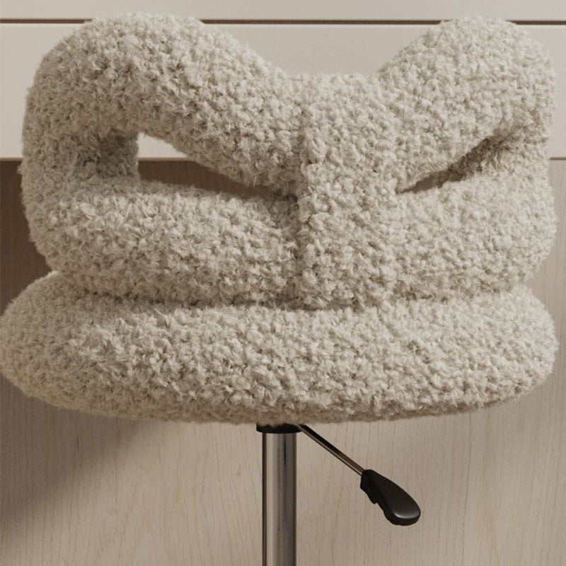 Modern Art Deco Butterfly Knot Vanity Stool – Round Lambswool and Faux Leather Seat, Metal Frame, Backrest, Armless, for Bedroom