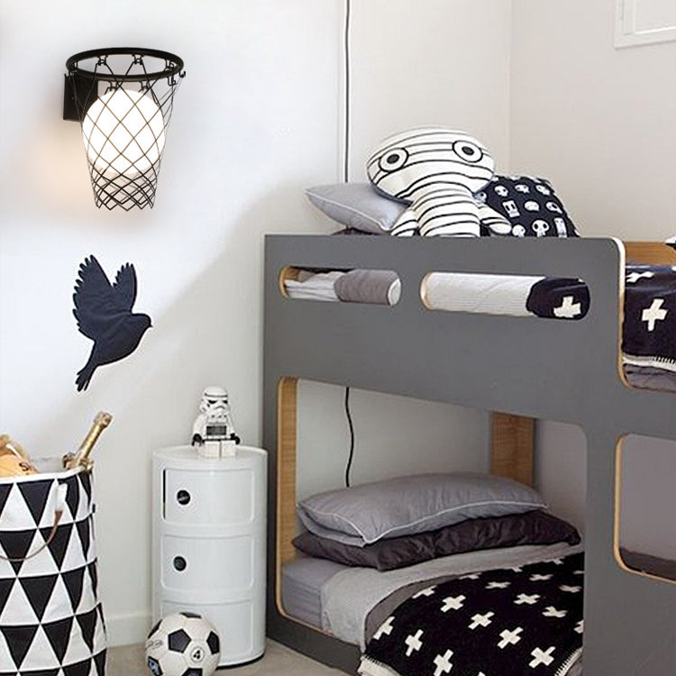 Modern Art Deco Kids' Iron & Glass Basketball Hoop Wall Sconce Lamp – 1-Light Bedroom Lighting