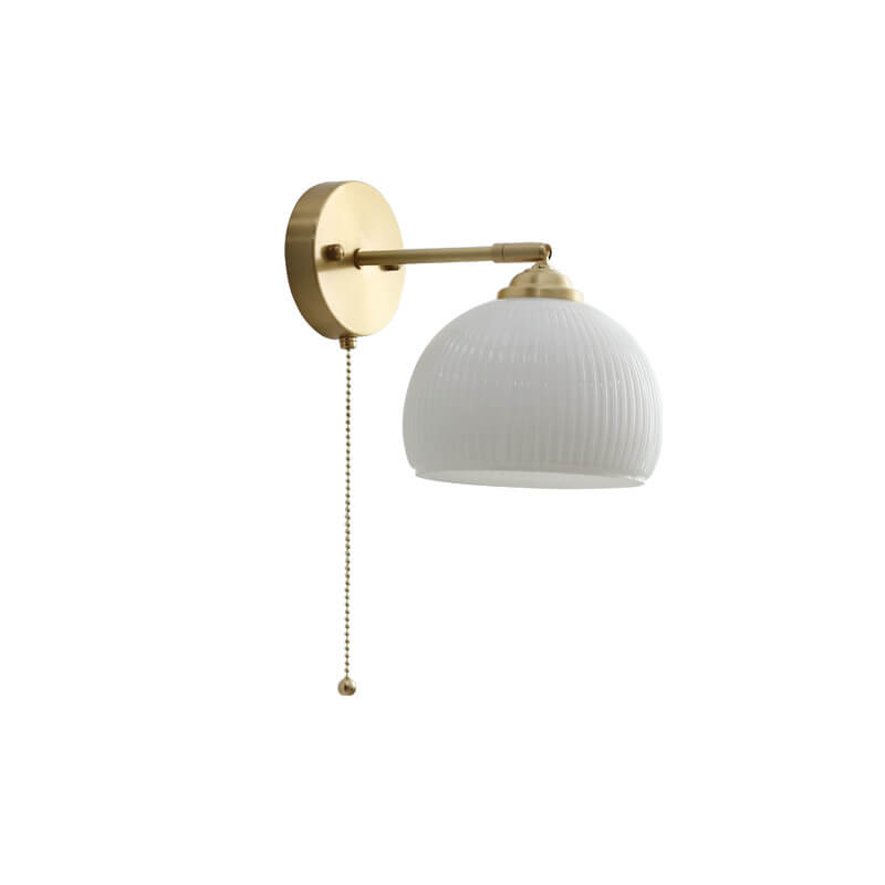 Nordic-Style Milk-White Striped Glass Wall Sconce with Brass Finish - 1-Light Pull-Cord Lamp