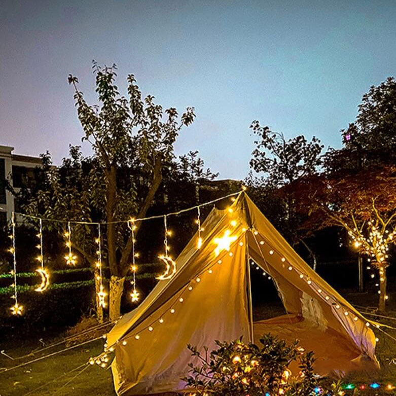 Solar-Powered LED Curtain Lights β Star & Moon Design, Outdoor Christmas String Lights for Patio, Garden and Camping