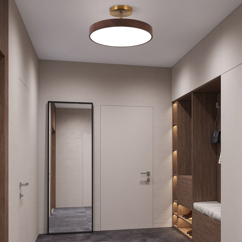 Elegant Japanese Wabi-Sabi Minimalist Wood-Grain Round LED Semi-Flush Mount Ceiling Light