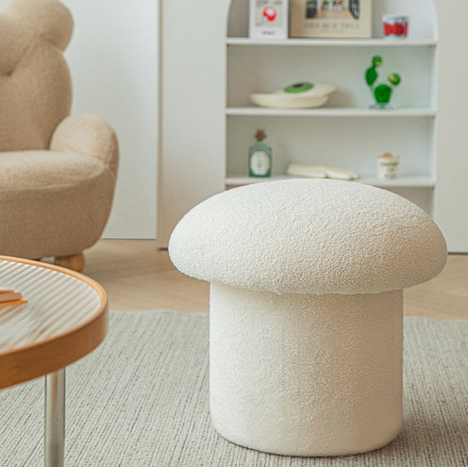 Modern Minimalist Mushroom-Cylinder Vanity Stool with Lambswool Upholstery and Wood Base for Bedroom