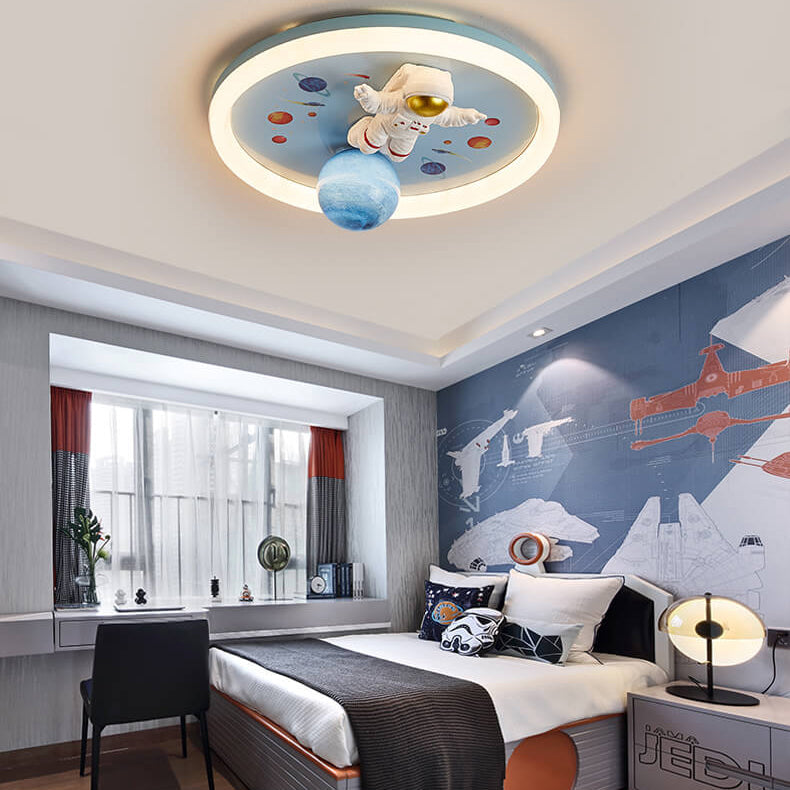 Whimsical Cartoon Space Astronaut Resin LED Flush Mount Ceiling Light