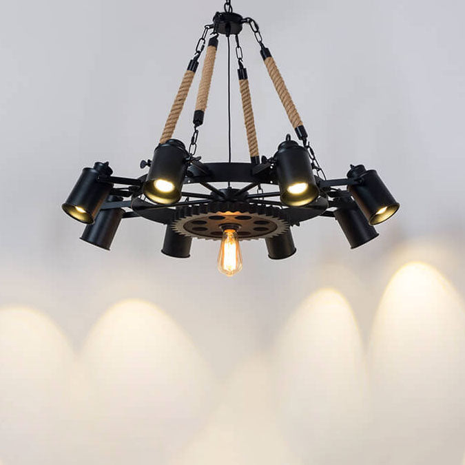 Industrial Retro Gear Wrought Iron Hemp Rope Chandelier - 6/8/10-Light
