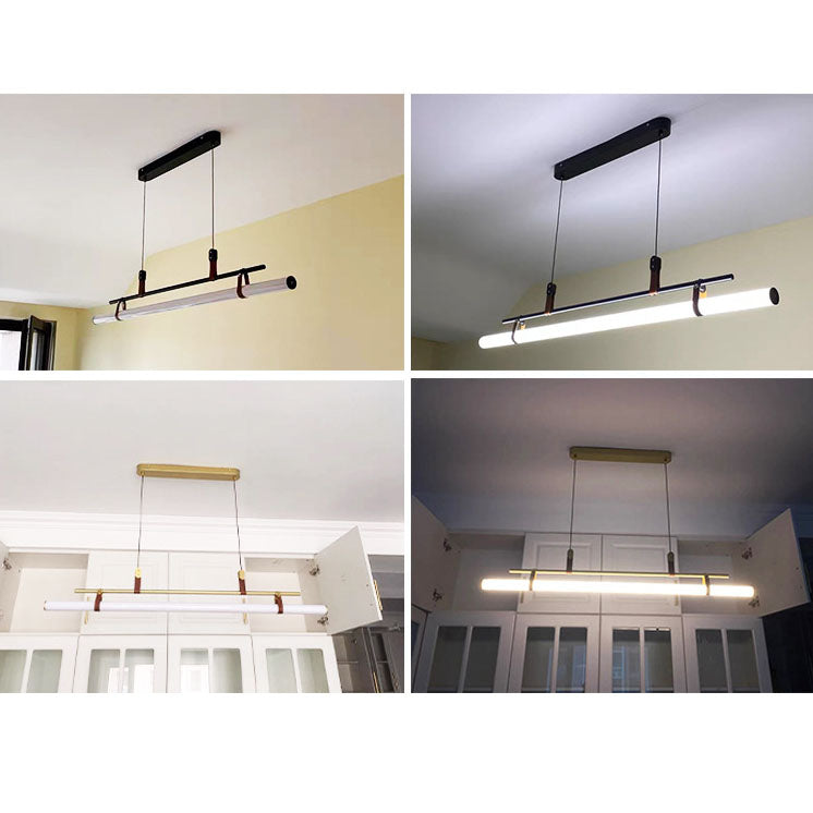 Sleek Nordic Minimalist Long Leather-Strip LED Island Light Chandelier