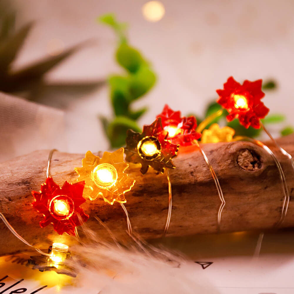 Modern Thanksgiving Maple, Acorn & Pumpkin Decor with 30 LED String Lights