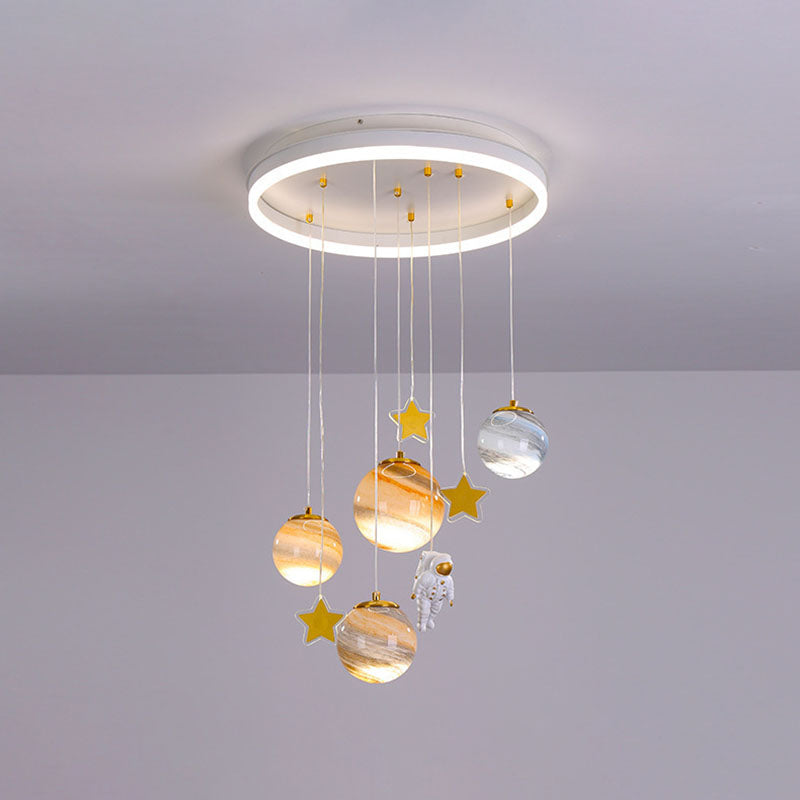 Modern Scandinavian Space Planet LED Kids Flush Mount Ceiling Light with Round Acrylic Glass Shade – Ideal for Bedroom