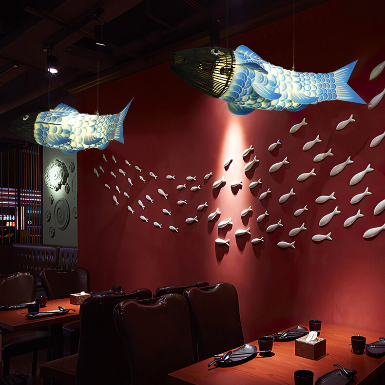 Traditional Chinese Koi Fish Iron Chandelier with PVC Fabric Shade – 2- or 4-Light Dining Room Pendant