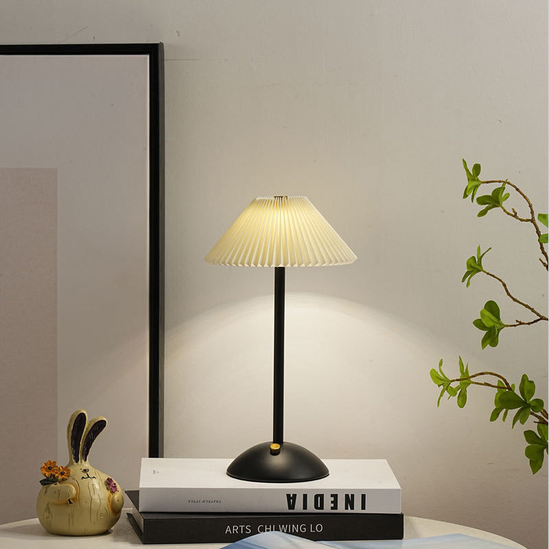 Modern Scandinavian Rechargeable Table Lamp – Iron Frame, Pleated Conical Fabric Shade, 1-Light, Perfect for Bedside