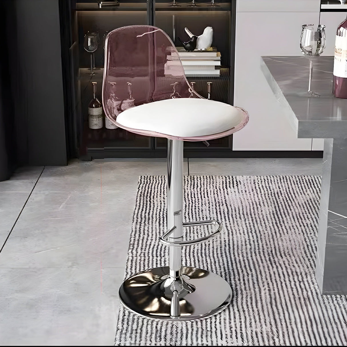 Contemporary Scandinavian Curved Acrylic Bar Stool with Metal Base — Adjustable Swivel, Backrest and Footrest for Kitchen