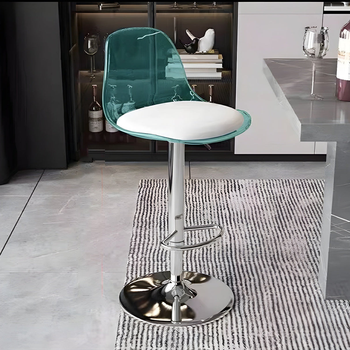 Contemporary Scandinavian Curved Acrylic Bar Stool with Metal Base — Adjustable Swivel, Backrest and Footrest for Kitchen