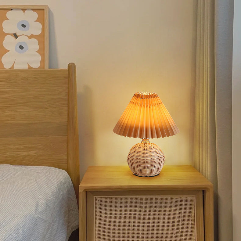 Chic Nordic Rattan Fabric Pleated Conic Ball LED Table Lamp for Bedroom - Modern Ambient Lighting
