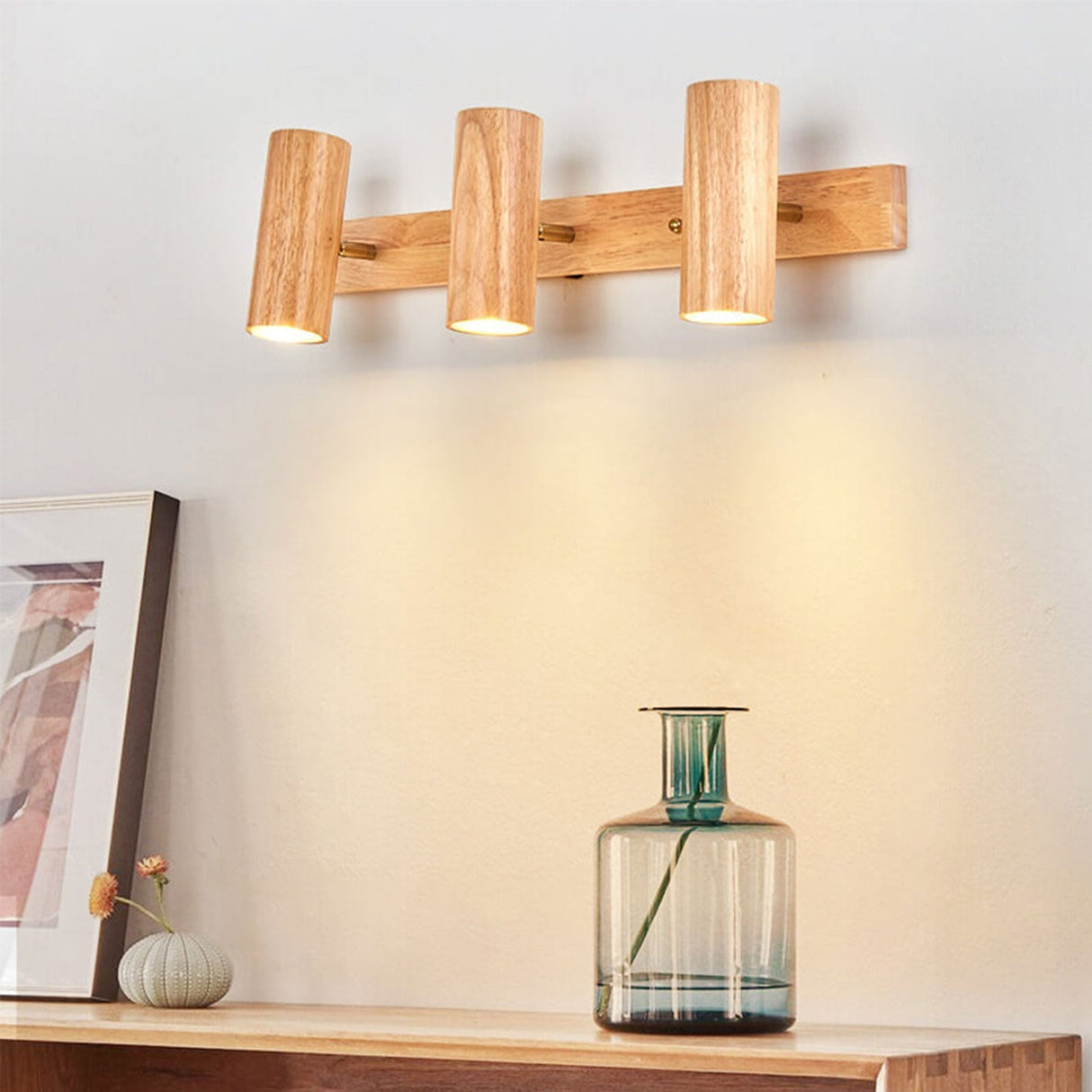Modern Minimalist Wood Track Spotlight Wall Sconce - 1, 2, or 3 Light Heads
