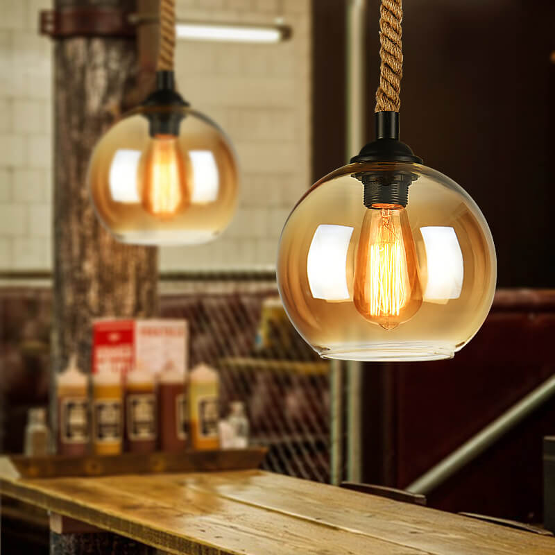 Retro Rope-Hung Glass Globe Pendant Light, 1-Light