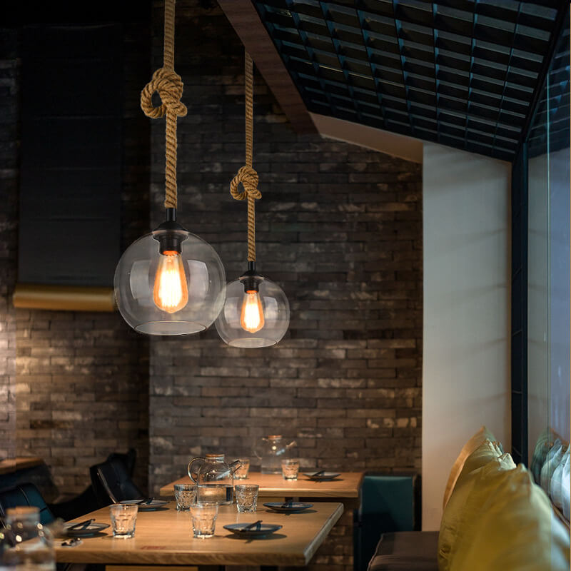 Retro Rope-Hung Glass Globe Pendant Light, 1-Light